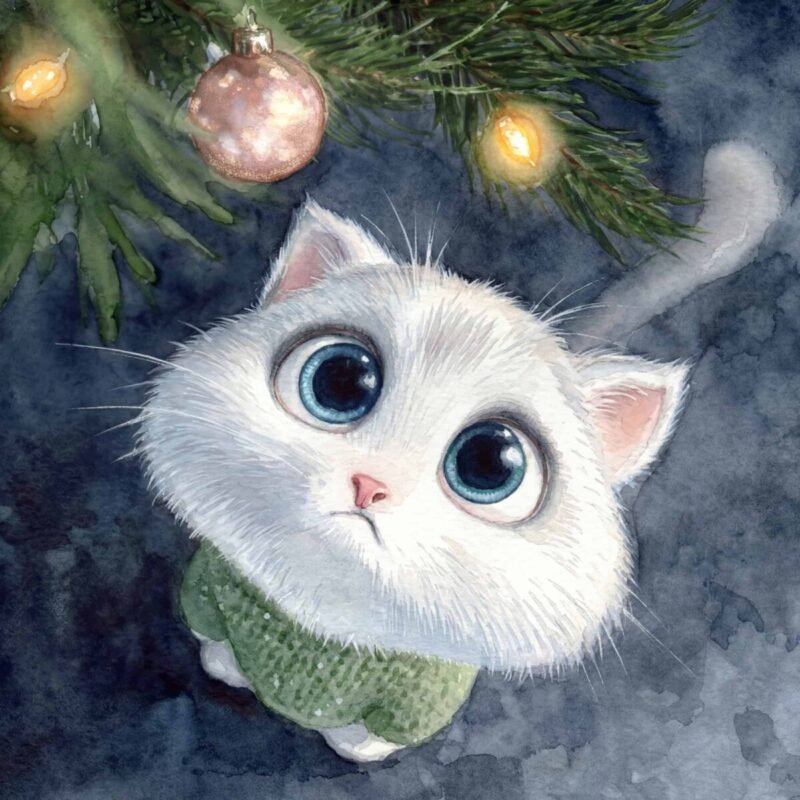 A white kitten, fluffier than a wizard’s beard, in a green jumper eyes a twinkling tree bauble—night wraps the scene, cosy as socks.