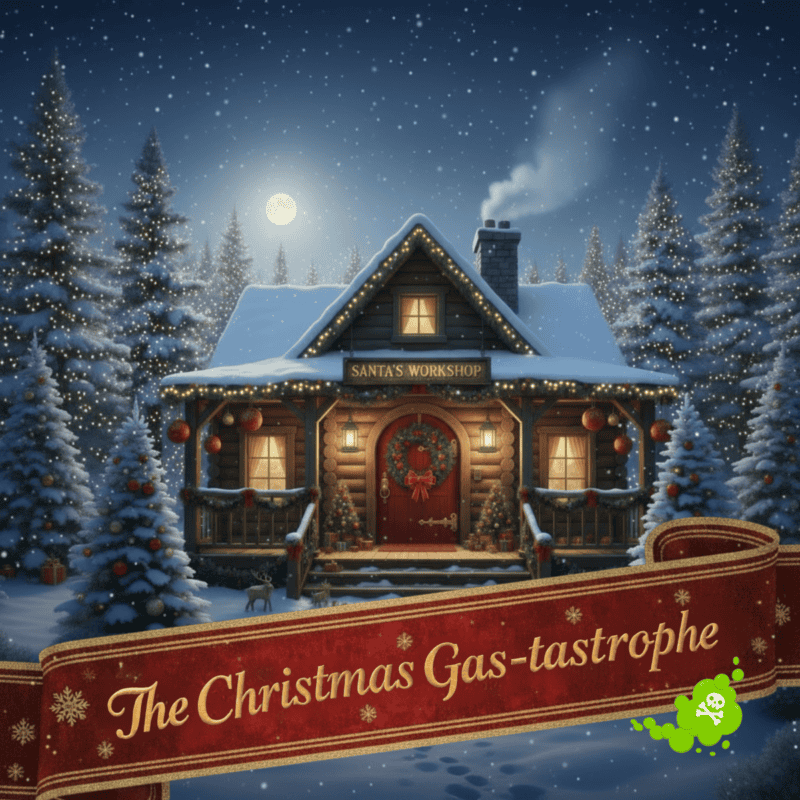 Santa’s Workshop—where snow’s deep, pine trees mutter, and even the moon looks dubious. Below: banner proclaims “The Christmas Gas-tastrophe,” replete with a green miasma and an optimistic skull.