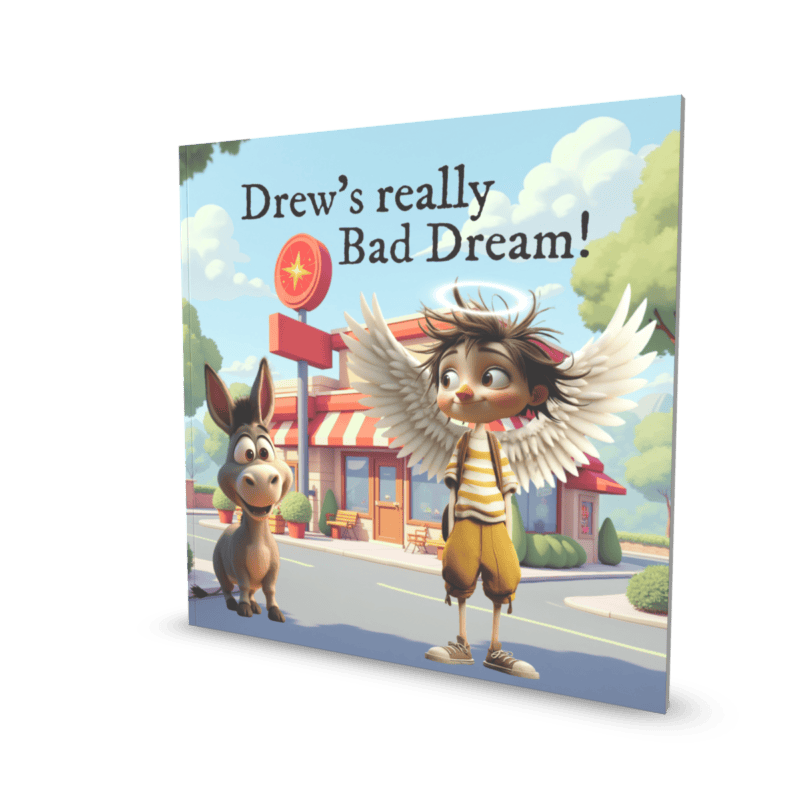 On a book cover, a grinning winged boy (striped shirt, yellow shorts) stands by a donkey wise enough to look content. The backdrop: red-roofed house, trees posing as proper foliage, skies bluer than reason allows. Playful bold letters shout: Drew’s really Bad Dream!.