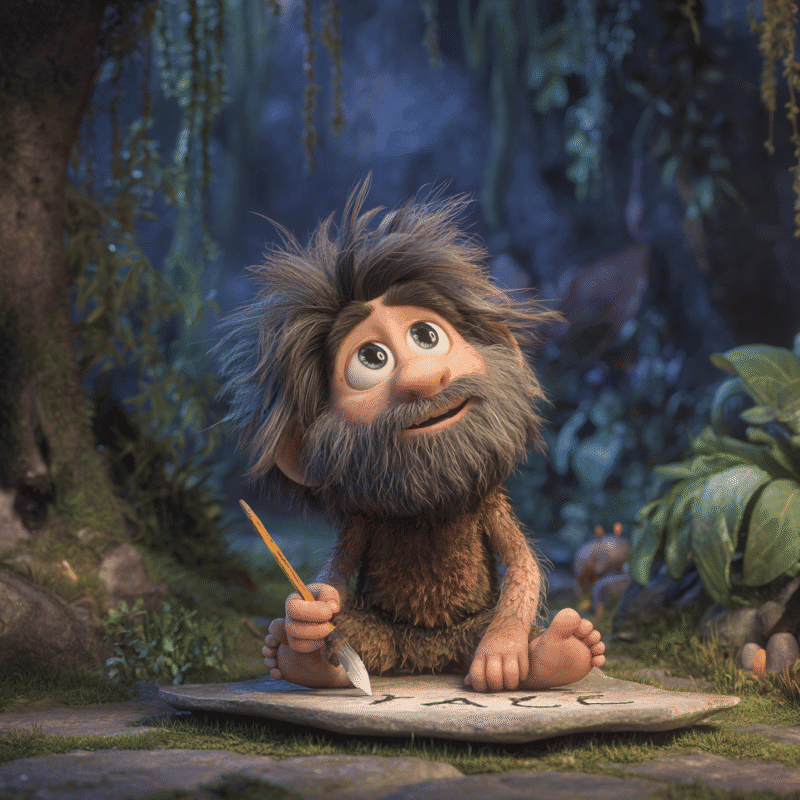 A dishevelled, bushy-bearded caveman ponders destiny, clutching pencil and stone tablet amid mossy rocks in an excessively green forest.