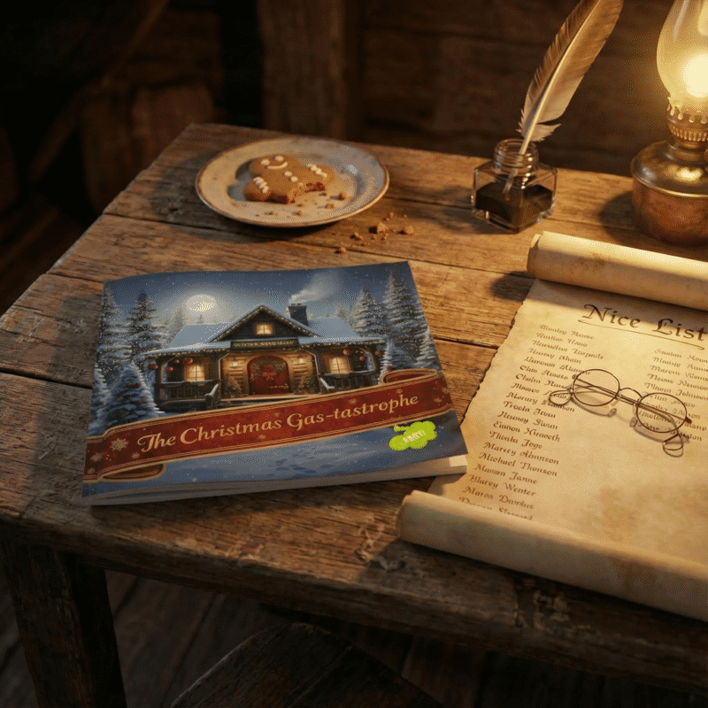 On a well-meaning wooden table: biscuits, “The Christmas Gas-tastrophe,” quill, lamp, spectacles, and a much-annotated Nice List.