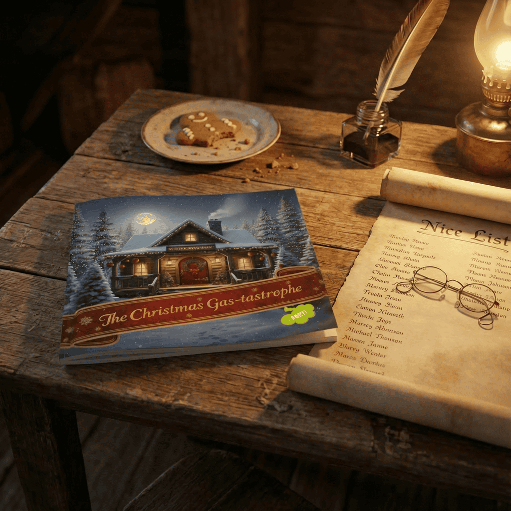 On a cheerily cluttered table, biscuits, "The Christmas Gas-tastrophe," and the Nice List await chaos. Lamp flickers. Holiday ensues.