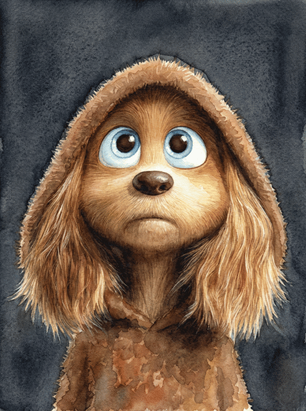 A doleful, long-haired dog in a brown hood gazes skywards, blue eyes brimming with woe, awash in the whimsy of watercolour.