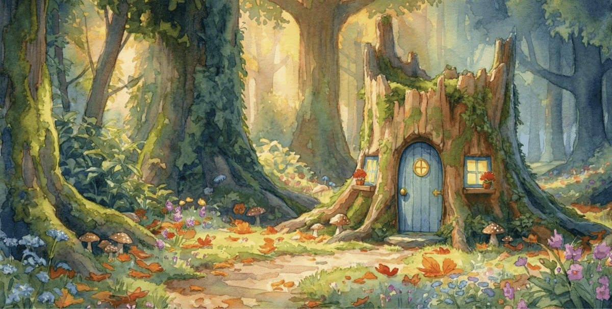 An oddly charming stump house with a blue door, and a hedgehog ambling through eccentric flowers and leaves in an offbeat forest.
