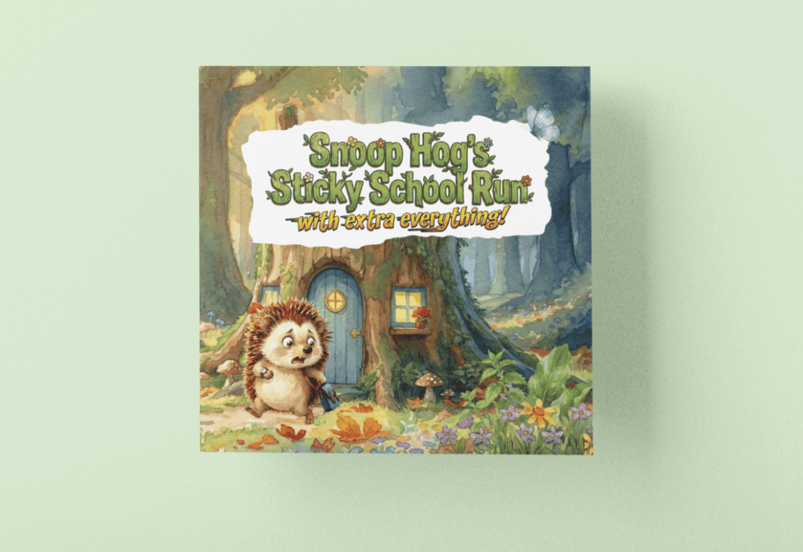 On a lively book cover, a bright-eyed hedgehog—red rucksack in tow—faces a round blue tree-door. Title: “Snoop Hog’s Sticky School Run: With extra everything!” sparkles mischievously above.