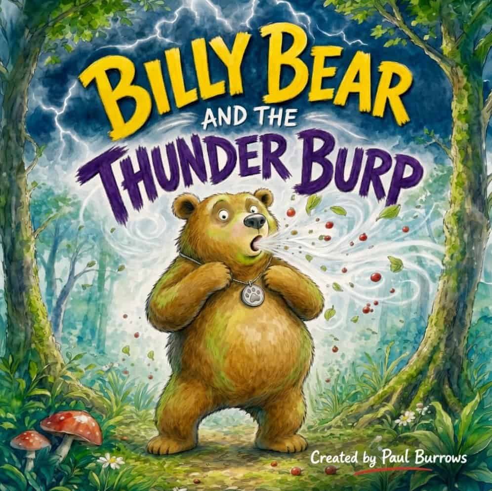 Billy Bear, who&rsquo;d clearly just had an unexpected encounter with something alarming (possibly involving cheese), stands rather gobsmacked in a forest clearing, the very air whirling as leaves do their best impression of dramatic wallpaper. Crowning this pandemonium above is the audaciously bold proclamation: &ldquo;Billy Bear and the Thunder Burp.&rdquo; Mushrooms and assorted trees (the sort that lurk on scene edges, looking enigmatic) attempt to keep order whilst bolts of lightning scribble enthusiastically across a cloud-blotched sky. Just below or somewhere tidy reads: Created by Paul Burrows&mdash;presumably taking full responsibility for whatever happens next.