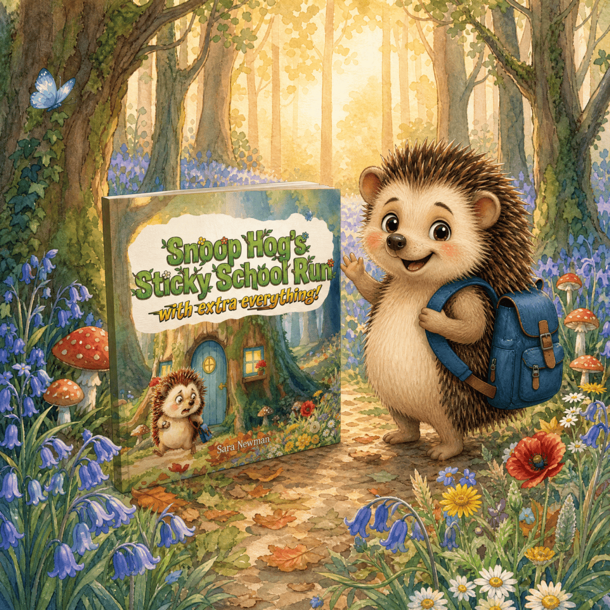 A hedgehog&mdash;smiling with the air of one who knows precisely where their next snack is coming from&mdash;sports a blue rucksack that bulges with suspiciously pointy corners, clearly not authorised by any self-respecting school authority. Beside it rests a rather flamboyant tome emblazoned &ldquo;Snoop Hog&rsquo;s Sticky School Run,&rdquo; as if the book itself might leap up and dash off given half a chance. The whole adventure unfolds in a forest so effusively vibrant it practically hums, where wildflowers riot about beneath the kind of golden sunlight that&rsquo;s been through an ethics seminar. To the left, a blue butterfly flutters by with all the indifference of someone who has seen odder things before lunch.